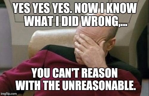 Captain Picard Facepalm Meme | YES YES YES. NOW I KNOW WHAT I DID WRONG,... YOU CAN'T REASON WITH THE UNREASONABLE. | image tagged in memes,captain picard facepalm | made w/ Imgflip meme maker