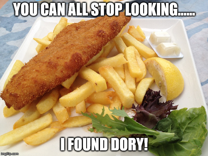 Finding Dory | YOU CAN ALL STOP LOOKING...... I FOUND DORY! | image tagged in dory,pixar,fish,yummy | made w/ Imgflip meme maker