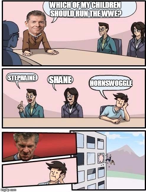 WWE meeting 2 | WHICH OF MY CHILDREN SHOULD RUN THE WWE? STEPHAINE; HORNSWOGGLE; SHANE | image tagged in wwe | made w/ Imgflip meme maker