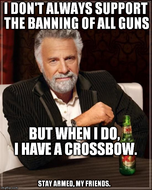 Brought To You By The 2nd Amendment | I DON'T ALWAYS SUPPORT THE BANNING OF ALL GUNS; BUT WHEN I DO, I HAVE A CROSSBOW. STAY ARMED, MY FRIENDS. | image tagged in memes,the most interesting man in the world,gun laws,2nd amendment | made w/ Imgflip meme maker