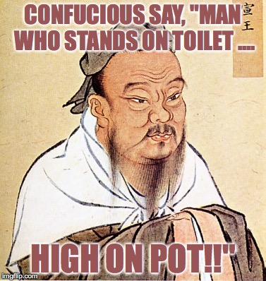a twist on an old confucious saying | CONFUCIOUS SAY, "MAN WHO STANDS ON TOILET .... HIGH ON POT!!" | image tagged in a twist on an old confucious saying | made w/ Imgflip meme maker