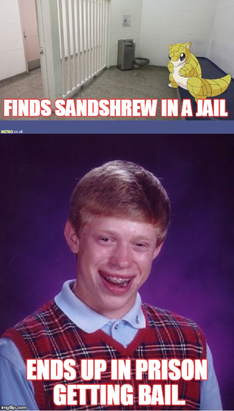 pokemon go go gooooo | FINDS SANDSHREW IN A JAIL; ENDS UP IN PRISON GETTING BAIL. | image tagged in pokemon,pokemon go,bad luck brian,jail | made w/ Imgflip meme maker