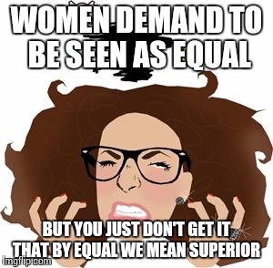 Feminist Rage | WOMEN DEMAND TO BE SEEN AS EQUAL; BUT YOU JUST DON'T GET IT THAT BY EQUAL WE MEAN SUPERIOR | image tagged in feminist rage | made w/ Imgflip meme maker