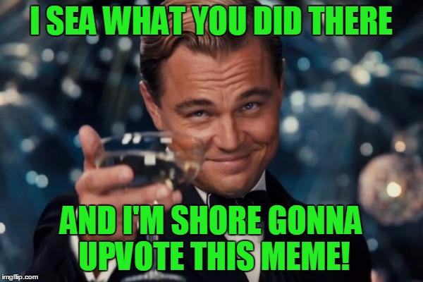Leonardo Dicaprio Cheers Meme | I SEA WHAT YOU DID THERE AND I'M SHORE GONNA UPVOTE THIS MEME! | image tagged in memes,leonardo dicaprio cheers | made w/ Imgflip meme maker