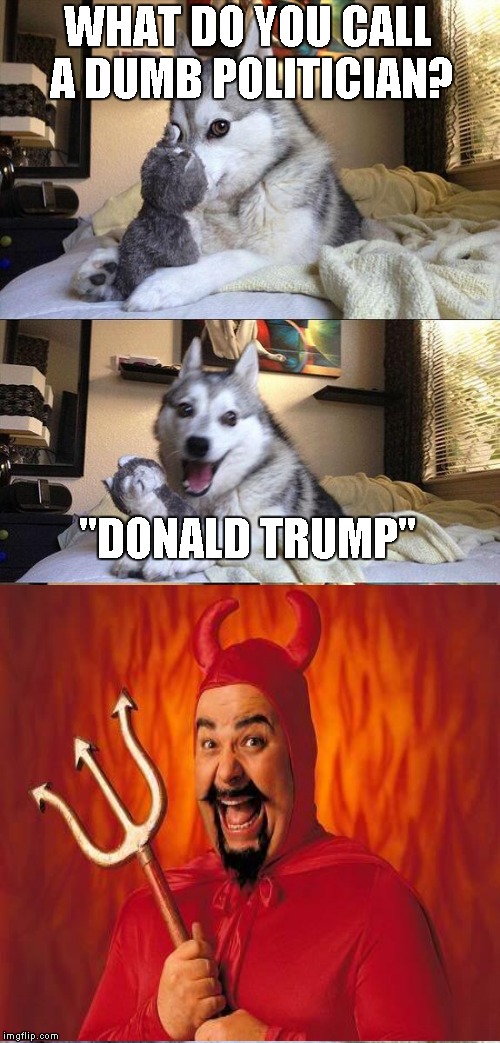 Bad Pun Dog (feat. Satan) | WHAT DO YOU CALL A DUMB POLITICIAN? "DONALD TRUMP" | image tagged in memes,bad pun dog,satan | made w/ Imgflip meme maker