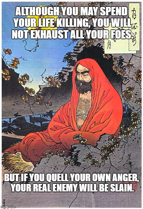 Ancient Wisdom For Today | ALTHOUGH YOU MAY SPEND YOUR LIFE KILLING, YOU WILL NOT EXHAUST ALL YOUR FOES. BUT IF YOU QUELL YOUR OWN ANGER, YOUR REAL ENEMY WILL BE SLAIN. | image tagged in wisdom,anger,patience,buddhism | made w/ Imgflip meme maker