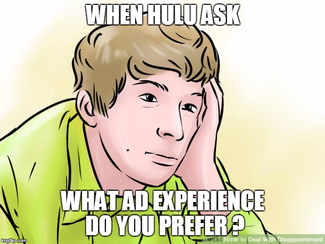 WHEN HULU ASK; WHAT AD EXPERIENCE DO YOU PREFER ? | image tagged in hulu ad | made w/ Imgflip meme maker
