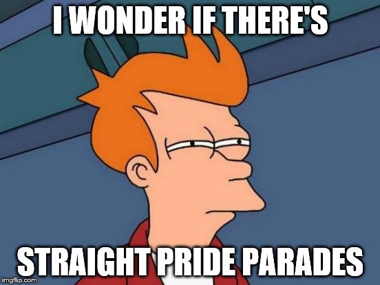 Futurama Fry | I WONDER IF THERE'S; STRAIGHT PRIDE PARADES | image tagged in memes,futurama fry | made w/ Imgflip meme maker