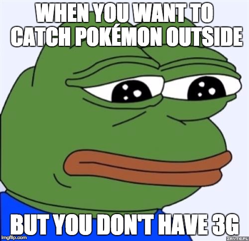 sad frog | WHEN YOU WANT TO CATCH POKÉMON OUTSIDE; BUT YOU DON'T HAVE 3G | image tagged in sad frog | made w/ Imgflip meme maker