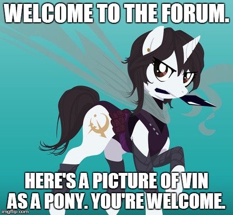 WELCOME TO THE FORUM. HERE'S A PICTURE OF VIN AS A PONY. YOU'RE WELCOME. | made w/ Imgflip meme maker