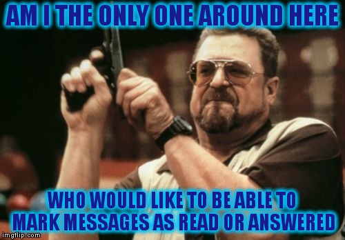 Sometimes I lose track of what I've answered and what I haven't. And I know some users get a lot more than I do. | AM I THE ONLY ONE AROUND HERE; WHO WOULD LIKE TO BE ABLE TO MARK MESSAGES AS READ OR ANSWERED | image tagged in memes,am i the only one around here,please add a box to mark as read | made w/ Imgflip meme maker