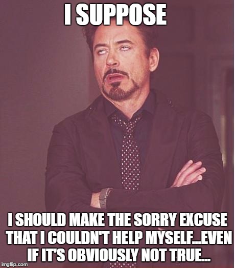 Face You Make Robert Downey Jr Meme | I SUPPOSE I SHOULD MAKE THE SORRY EXCUSE THAT I COULDN'T HELP MYSELF...EVEN IF IT'S OBVIOUSLY NOT TRUE... | image tagged in memes,face you make robert downey jr | made w/ Imgflip meme maker