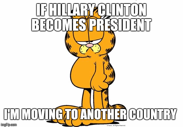 Garfield  | IF HILLARY CLINTON BECOMES PRESIDENT; I'M MOVING TO ANOTHER COUNTRY | image tagged in garfield | made w/ Imgflip meme maker