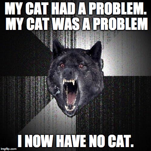 Insanity Wolf Meme | MY CAT HAD A PROBLEM. MY CAT WAS A PROBLEM; I NOW HAVE NO CAT. | image tagged in memes,insanity wolf | made w/ Imgflip meme maker