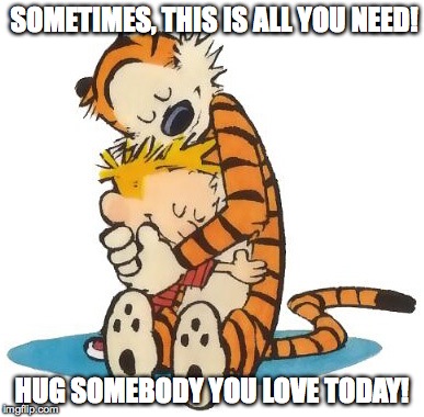 hugs | SOMETIMES, THIS IS ALL YOU NEED! HUG SOMEBODY YOU LOVE TODAY! | image tagged in calvin and hobbes | made w/ Imgflip meme maker
