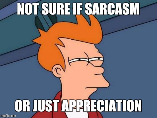 Futurama Fry Meme | NOT SURE IF SARCASM OR JUST APPRECIATION | image tagged in memes,futurama fry | made w/ Imgflip meme maker