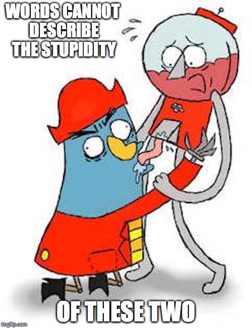 Benson and K'nuckles | WORDS CANNOT DESCRIBE THE STUPIDITY; OF THESE TWO | image tagged in benson,regular show,nsfw,k'nuckles,the marvelous misadventures of flapjack,memes | made w/ Imgflip meme maker