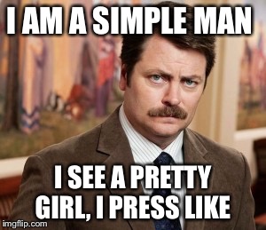 Ron Swanson | I AM A SIMPLE MAN; I SEE A PRETTY GIRL, I PRESS LIKE | image tagged in memes,ron swanson | made w/ Imgflip meme maker