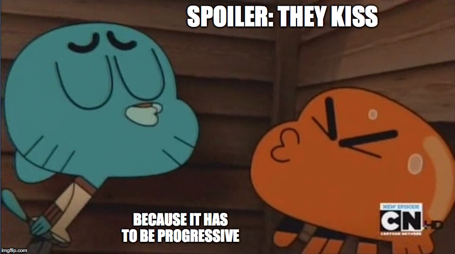 Gumball and Darwin Kissing | SPOILER: THEY KISS; BECAUSE IT HAS TO BE PROGRESSIVE | image tagged in gumball watterson,darwin watterson,kiss,the amazing world of gumball,memes | made w/ Imgflip meme maker