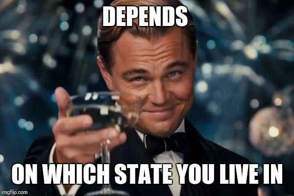 Leonardo Dicaprio Cheers Meme | DEPENDS ON WHICH STATE YOU LIVE IN | image tagged in memes,leonardo dicaprio cheers | made w/ Imgflip meme maker