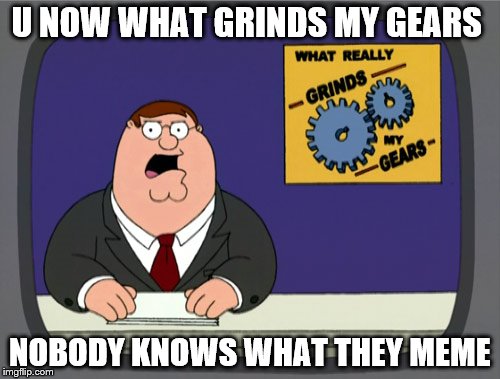 Peter Griffin News | U NOW WHAT GRINDS MY GEARS; NOBODY KNOWS WHAT THEY MEME | image tagged in memes,peter griffin news | made w/ Imgflip meme maker