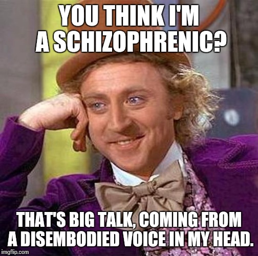 Creepy Condescending Wonka Meme | YOU THINK I'M A SCHIZOPHRENIC? THAT'S BIG TALK, COMING FROM A DISEMBODIED VOICE IN MY HEAD. | image tagged in memes,creepy condescending wonka | made w/ Imgflip meme maker