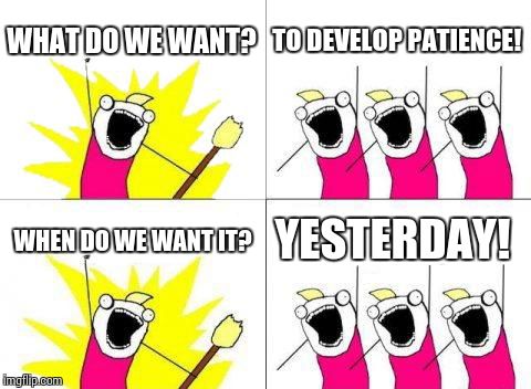 What Do We Want | WHAT DO WE WANT? TO DEVELOP PATIENCE! WHEN DO WE WANT IT? YESTERDAY! | image tagged in memes,what do we want | made w/ Imgflip meme maker
