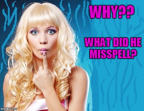 ditzy blonde | WHY?? WHAT DID HE MISSPELL? | image tagged in ditzy blonde | made w/ Imgflip meme maker