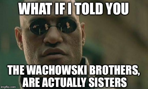 The Wachowskis | WHAT IF I TOLD YOU; THE WACHOWSKI BROTHERS, ARE ACTUALLY SISTERS | image tagged in memes,matrix morpheus | made w/ Imgflip meme maker