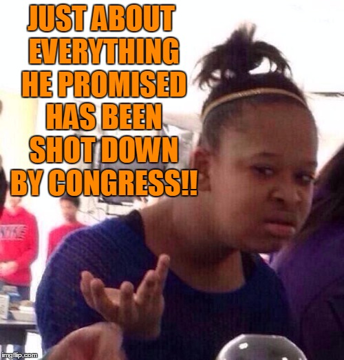 Black Girl Wat Meme | JUST ABOUT EVERYTHING HE PROMISED HAS BEEN SHOT DOWN BY CONGRESS!! | image tagged in memes,black girl wat | made w/ Imgflip meme maker