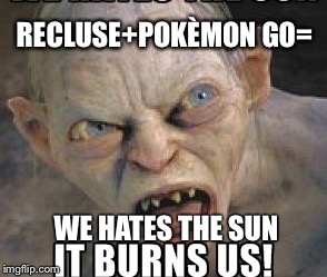 #pokemongo recluse | RECLUSE+POKÈMON GO=; WE HATES THE SUN | image tagged in pokmon go,gollum | made w/ Imgflip meme maker