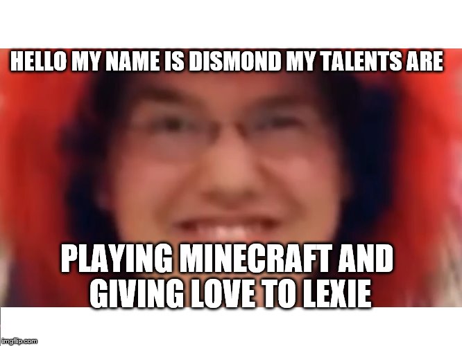 Aidans Meme of dismondisabeast | HELLO MY NAME IS DISMOND MY TALENTS ARE; PLAYING MINECRAFT AND GIVING LOVE TO LEXIE | image tagged in memes | made w/ Imgflip meme maker