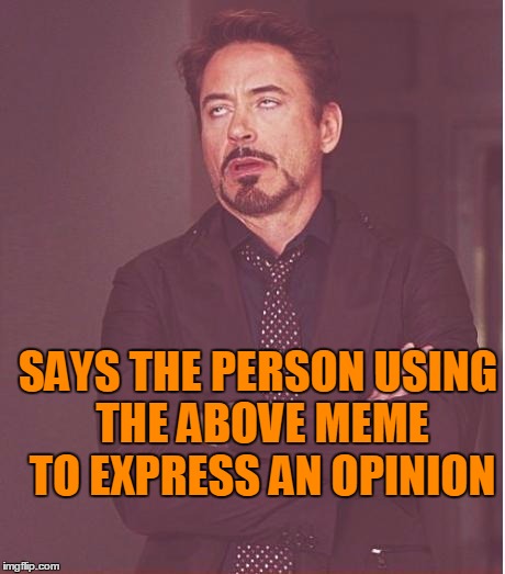 Face You Make Robert Downey Jr Meme | SAYS THE PERSON USING THE ABOVE MEME TO EXPRESS AN OPINION | image tagged in memes,face you make robert downey jr | made w/ Imgflip meme maker