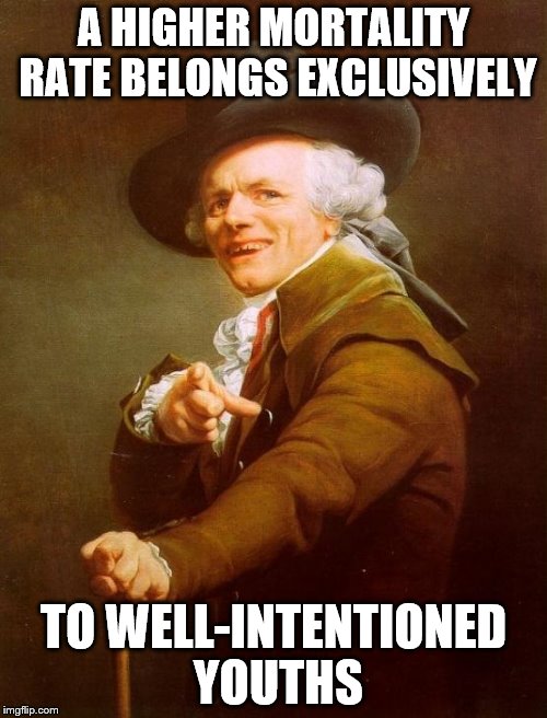 Joseph Ducreux | A HIGHER MORTALITY RATE BELONGS EXCLUSIVELY; TO WELL-INTENTIONED YOUTHS | image tagged in memes,joseph ducreux | made w/ Imgflip meme maker