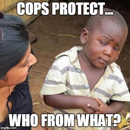 can you tell me? | COPS PROTECT... WHO FROM WHAT? | image tagged in memes,third world skeptical kid | made w/ Imgflip meme maker