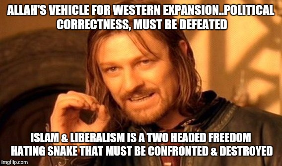 One Does Not Simply | ALLAH'S VEHICLE FOR WESTERN EXPANSION..POLITICAL CORRECTNESS, MUST BE DEFEATED; ISLAM & LIBERALISM IS A TWO HEADED FREEDOM HATING SNAKE THAT MUST BE CONFRONTED & DESTROYED | image tagged in memes,one does not simply | made w/ Imgflip meme maker