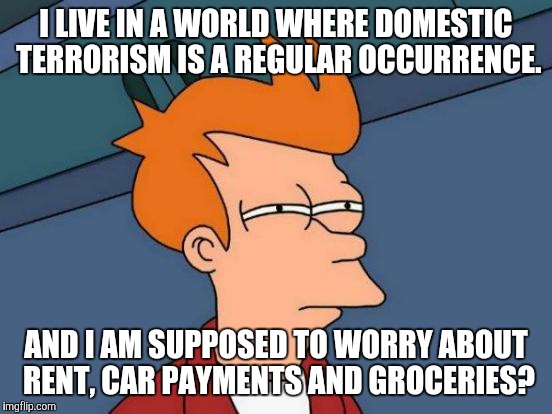Futurama Fry | I LIVE IN A WORLD WHERE DOMESTIC TERRORISM IS A REGULAR OCCURRENCE. AND I AM SUPPOSED TO WORRY ABOUT RENT, CAR PAYMENTS AND GROCERIES? | image tagged in memes,futurama fry | made w/ Imgflip meme maker