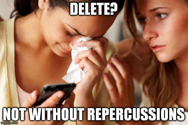 deleted | DELETE? NOT WITHOUT REPERCUSSIONS | image tagged in deleted | made w/ Imgflip meme maker