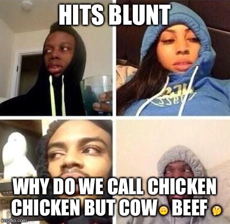 *Hits blunt | HITS BLUNT; WHY DO WE CALL CHICKEN CHICKEN BUT COW🙃 BEEF 🤔 | image tagged in hits blunt | made w/ Imgflip meme maker