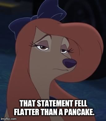 That Statement Fell Flatter Than A Pancake | THAT STATEMENT FELL FLATTER THAN A PANCAKE. | image tagged in dixie,memes,disney,the fox and the hound 2,reba mcentire,dog | made w/ Imgflip meme maker