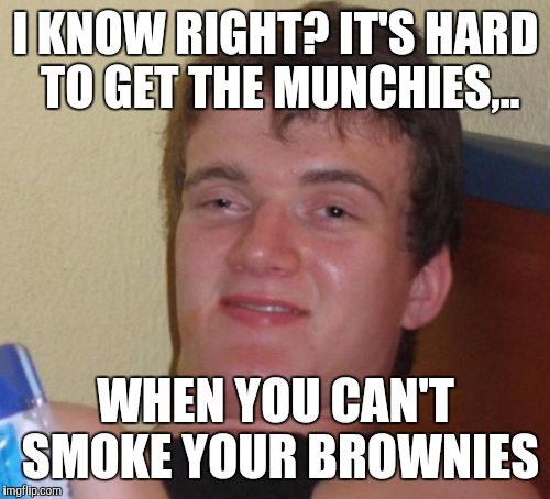 10 Guy Meme | I KNOW RIGHT? IT'S HARD TO GET THE MUNCHIES,.. WHEN YOU CAN'T SMOKE YOUR BROWNIES | image tagged in memes,10 guy | made w/ Imgflip meme maker