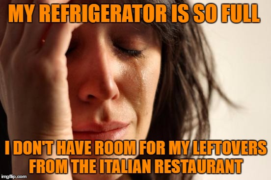 First World Problems Meme | MY REFRIGERATOR IS SO FULL; I DON'T HAVE ROOM FOR MY LEFTOVERS FROM THE ITALIAN RESTAURANT | image tagged in memes,first world problems | made w/ Imgflip meme maker
