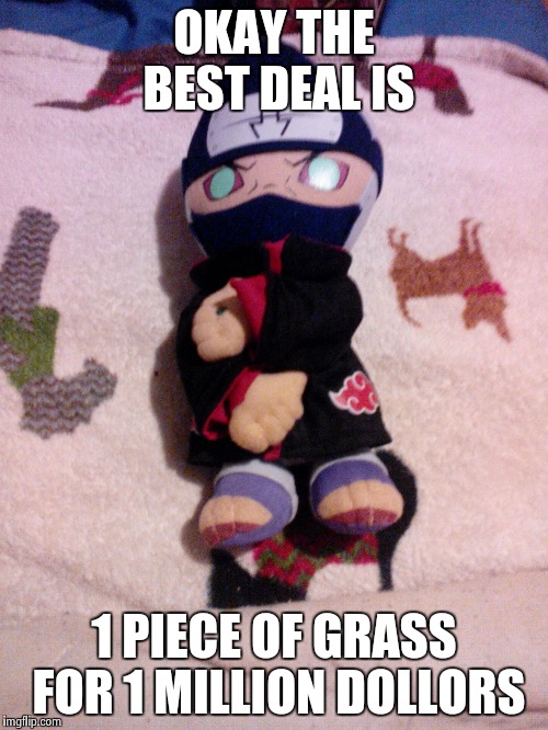 OKAY THE BEST DEAL IS; 1 PIECE OF GRASS FOR 1 MILLION DOLLORS | image tagged in kakazu plush | made w/ Imgflip meme maker
