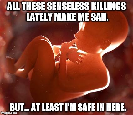 Deaths of innocent people, sad.  Deaths of innocent babies, inexcusable.  | ALL THESE SENSELESS KILLINGS LATELY MAKE ME SAD. BUT... AT LEAST I'M SAFE IN HERE. | image tagged in thinking fetus,abortion,pro life | made w/ Imgflip meme maker