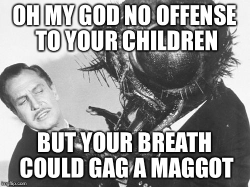 Bad breath | OH MY GOD NO OFFENSE TO YOUR CHILDREN; BUT YOUR BREATH COULD GAG A MAGGOT | image tagged in the fly,vincent price,bad breath | made w/ Imgflip meme maker