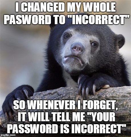 Confession Bear Meme | I CHANGED MY WHOLE PASWORD TO "INCORRECT"; SO WHENEVER I FORGET, IT WILL TELL ME "YOUR PASSWORD IS INCORRECT" | image tagged in memes,confession bear | made w/ Imgflip meme maker