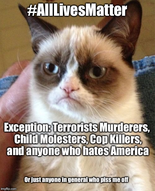 Grumpy Cat | #AllLivesMatter; Exception: Terrorists Murderers, Child Molesters, Cop Killers, and anyone who hates America; Or just anyone in general who piss me off | image tagged in memes,grumpy cat | made w/ Imgflip meme maker