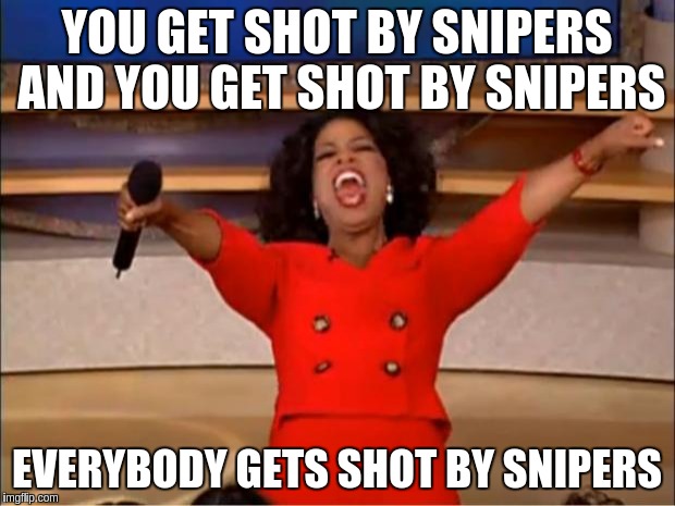 Oprah You Get A Meme | YOU GET SHOT BY SNIPERS AND YOU GET SHOT BY SNIPERS; EVERYBODY GETS SHOT BY SNIPERS | image tagged in memes,oprah you get a | made w/ Imgflip meme maker