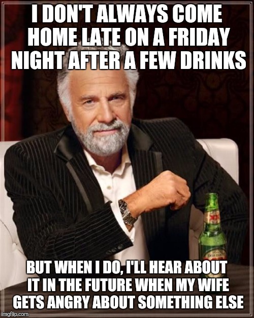 The Most Interesting Man In The World | I DON'T ALWAYS COME HOME LATE ON A FRIDAY NIGHT AFTER A FEW DRINKS; BUT WHEN I DO, I'LL HEAR ABOUT IT IN THE FUTURE WHEN MY WIFE GETS ANGRY ABOUT SOMETHING ELSE | image tagged in memes,the most interesting man in the world | made w/ Imgflip meme maker