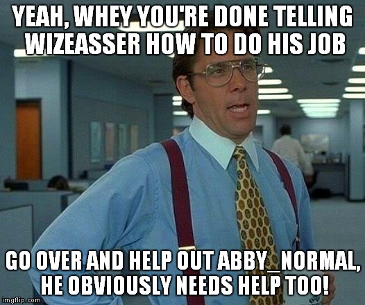 That Would Be Great Meme | YEAH, WHEY YOU'RE DONE TELLING WIZEASSER HOW TO DO HIS JOB GO OVER AND HELP OUT ABBY_NORMAL, HE OBVIOUSLY NEEDS HELP TOO! | image tagged in memes,that would be great | made w/ Imgflip meme maker